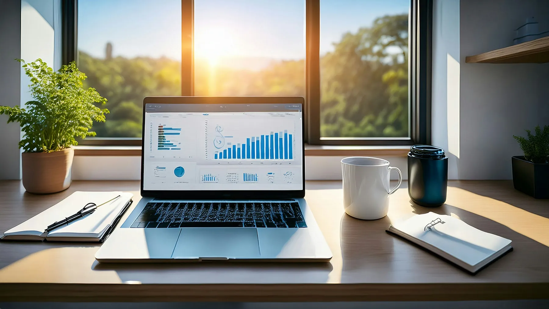 A quiet workspace with business analytics displayed on a laptop.