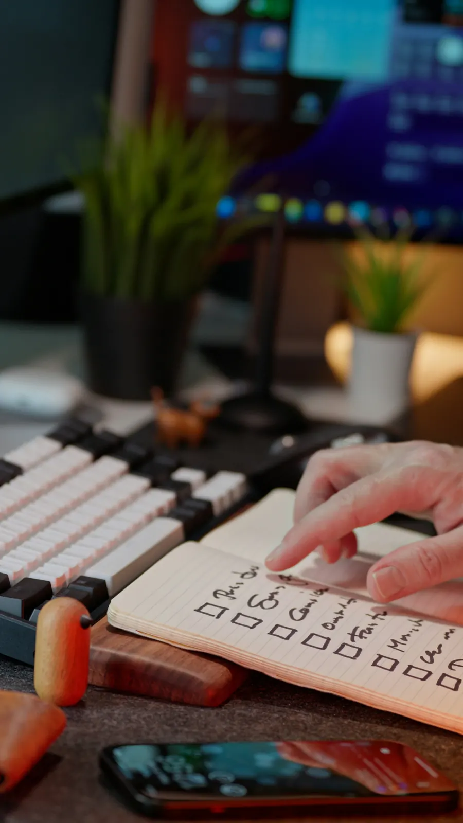 A professional checking completed actions in a notebook