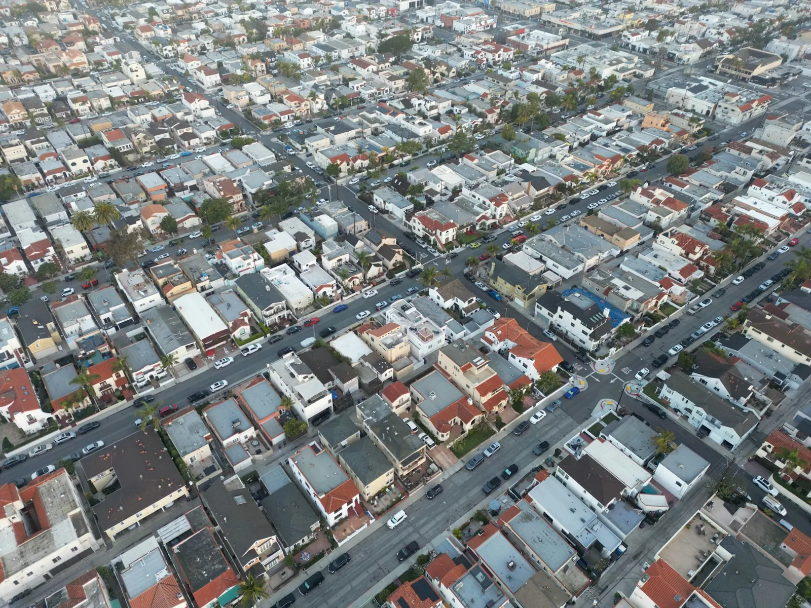 Southern California neighborhoods and streets seen from above at sunrise